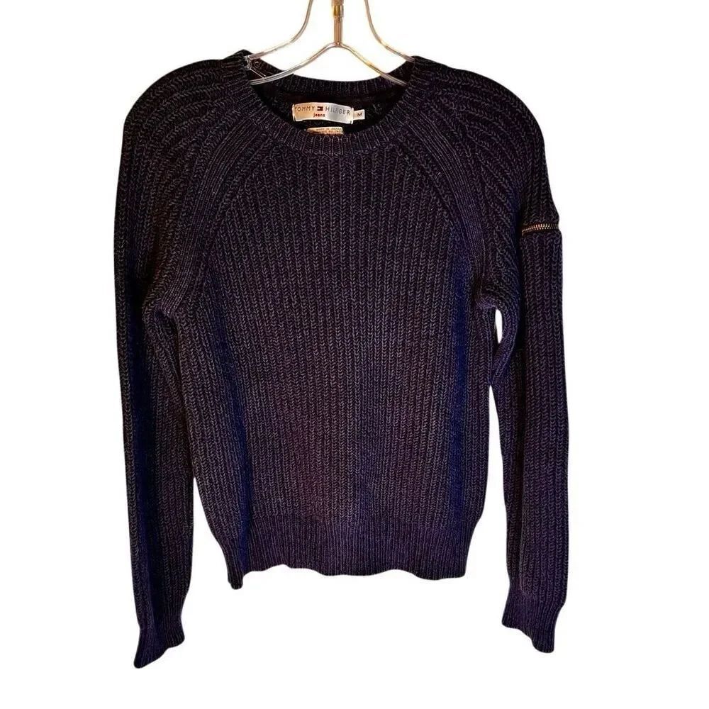 Tommy Hilfiger Navy Ribbed Sweater With Unique Zipper Detail On Sleeve Sz Medium